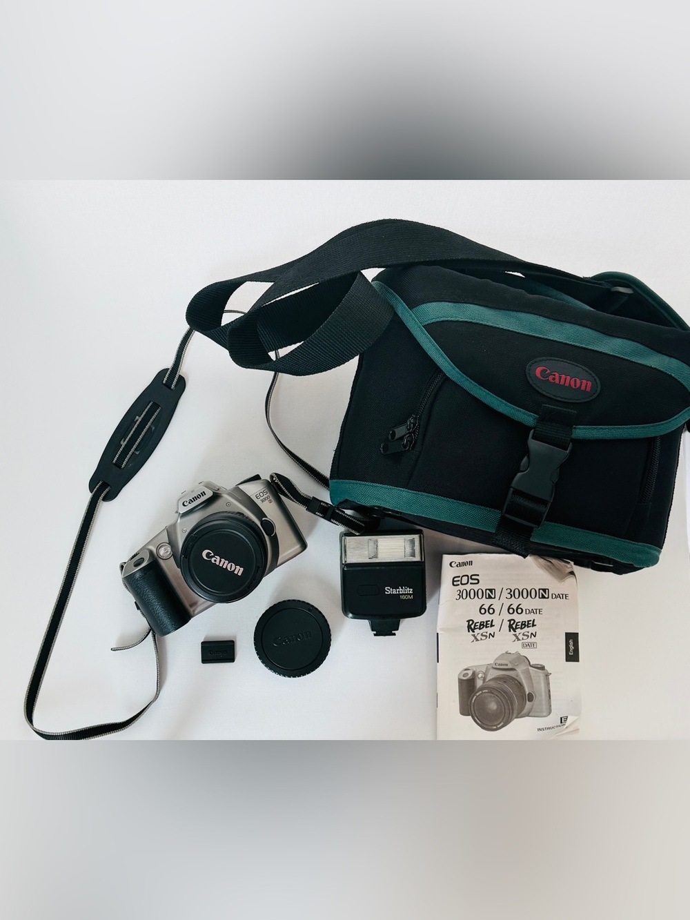 Canon EOS 3000N 35mm Film Camera w/ 28-80mm Lens, Flash & Bag - TESTED & WORKING